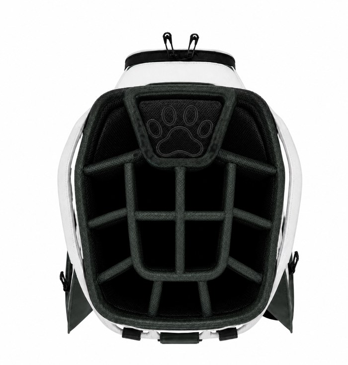 The Southpaw Shop 14-way cart bag, top-down view, empty and ready to fill
